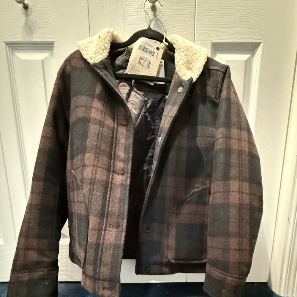 Frank & Oak M Plaid Utility Jacket with Shearling Collar